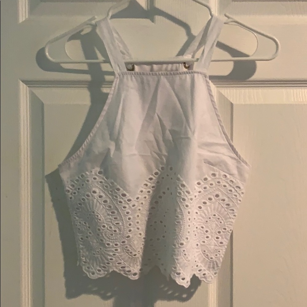 White eyelet/lace halter top